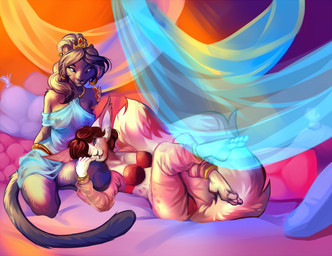 anthro breasts camel_toe clothed clothing duo female female/female harem harem_outfit lying on_back panties skimpy translucent translucent_clothing underwear demicoeur domestic_cat felid feline felis mammal digital_media_(artwork)