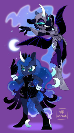 anthro armor blue_eyes blue_sclera bottomwear clothing crown duo ethereal_hair ethereal_tail eyeshadow female footwear gloves handwear headgear helmet horn loincloth long_nails makeup membrane_(anatomy) membranous_wings purple_eyeshadow sharp_teeth shoes smile sparkles teeth tiara wings anoraknr friendship_is_magic hasbro my_little_pony mythology nightmare_moon_(mlp) princess_luna_(mlp) equid equine mammal mythological_creature mythological_equine winged_unicorn 9:16 hi_res