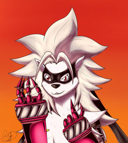 anthro cybernetic_arm cybernetic_limb female fur grey_body grey_fur mask mechanical_arm red_eyes solo star teeth white_body white_fur bluefer bandai_namco digimon digimon_beatbreak digimon_(species) wolvermon 2025 digital_media_(artwork) hi_res