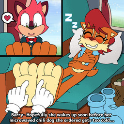 3_toes anthro blush countershade_feet countershading discarded_footwear duo feet female foot_focus lying male male/female on_back sleeping text tickling tickling_feet toe_wiggle toes lillyluvmonster sega sonic_the_hedgehog_(series) the_murder_of_sonic_the_hedgehog barry_(sonic) sally_acorn chipmunk ground_squirrel macropod mammal marsupial quokka rodent sciurid 1:1 animated