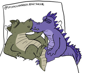 anthro bed duo furniture intimate kiss_on_lips kissing lying male male/male null on_back on_bed passionate passionate_kiss romantic romantic_couple sitting srirachamander alligator alligatorid crocodilian reptile scalie hi_res