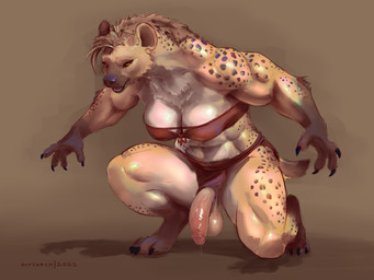 anthro balls bandeau big_penis black_claws bodily_fluids bottomwear breasts brown_feet brown_hands brown_snout claws clothing cum cum_drip dripping facial_markings feet finger_claws fur genital_fluids genitals glistening glistening_genitalia glistening_penis gloves_(marking) gynomorph hair head_markings humanoid_genitalia ineffective_clothing ineffective_loincloth intersex leg_markings loincloth markings muscular muzzle_(marking) orange_eyes penis simple_background socks_(marking) solo spots spotted_body spotted_fur tail thick_thighs toe_claws topwear wide_hips alytarch hyena mammal spotted_hyena 2026 4:3 hi_res