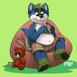 4_fingers anthro belly bottomwear clothed clothing container drinking drinking_milk drinking_straw featureless_chest fingers fur male milk_carton milk_container multicolored_body multicolored_fur navel overweight pawpads plushie shorts shorts_only simple_background sitting smile solo teddy_bear topless young young_male smokeyaussie kazan_(kazan.k) canid canine canis mammal wolf 1:1 absurd_res hi_res signature