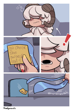 colored_nails emanata exclamation_point horn inside lanyard nails obscured_eyes office post-it_note solo sound_effects text theelgenerate eline_(theelgenerate) animal_humanoid bovid bovid_humanoid caprine caprine_humanoid humanoid mammal mammal_humanoid sheep_humanoid 2025 2:3 comic english_text hi_res