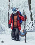 anthro blue_body blue_fur clothed clothing facial_spots front_view fur green_eyes holding_object holding_stick jacket logo male markings mouth_closed open_clothing open_jacket open_topwear orange_clothing orange_tail orange_topwear outside pink_nose plant red_clothing red_jacket red_topwear snow solo spots spotted_face spotted_markings spotted_tail standing stick tail tail_markings text topwear tree white_body white_fur white_tail cereus93 gallen felid mammal artist_logo artist_name full-length_portrait hi_res portrait