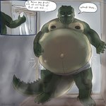 1:1 alligator alligatorid anthro barazoku belly belly_blush big_belly big_tail blush body_blush comic crocodilian dialogue digital_media_(artwork) doorway ellipsis fluximus_(flux) front_view green_body green_scales hand_on_belly hi_res huge_belly huge_tail hyper hyper_belly hyper_pregnancy male maleherm_(lore) multicolored_body multicolored_scales muscular muscular_anthro muscular_male nipple_piercing nipples obese overweight overweight_male pecs piercing pregnant pregnant_anthro pregnant_male reptile sauna scales scalie scutes shaded signature silvertine solo speech_bubble story story_in_description tail thick_tail towel towel_around_waist two_tone_body two_tone_scales unborn_kicking watermark