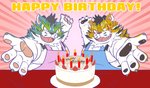 anthro apron birthday_cake blue_body blue_fur cake clothing dessert duo food fur humanoid_hands kemono male one_eye_closed overweight overweight_male text white_body white_fur wink yellow_body yellow_fur mind_drive mizuse_higomaru sengoku_puzzle raiden_shin'emon raiden_tameemon felid mammal pantherine tiger 2020