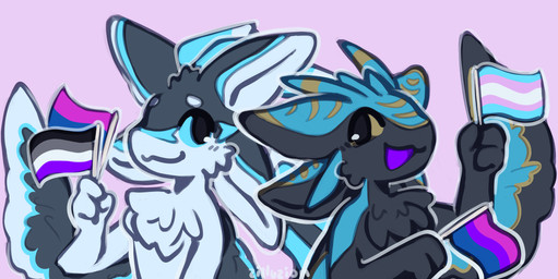 anthro asexual_pride_colors bisexual_pride_colors black_body black_feathers blue_body blue_eyes blue_feathers blue_markings duo ear_markings facial_markings feather_markings feathered_chest feathered_wings feathers female flag flag_(object) forehead_markings grey_body grey_feathers head_markings holding_flag holding_object lgbt_pride looking_at_another male markings open_mouth pink_background pride_colors purple_mouth simple_background smile smiling_at_another transgender_pride_colors white_body white_feathers wings yellow_eyes yellow_markings zilluzion braid_(k'braid) eili_(k'braid) avali absurd_res hi_res trans_(lore) trans_woman_(lore)