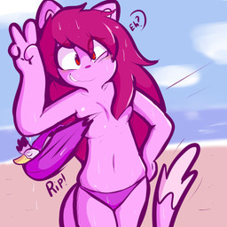 anthro beach bikini blush breasts clothed clothing constricted_pupils convenient_censorship dialogue embarrassed exposed female hair long_hair motion_lines onomatopoeia pink_body pose pupils red_eyes sky small_pupils snout solo sound_effects swimwear tail text topless torn_clothing two-piece_swimsuit wardrobe_malfunction wet tropbunny 1:1 hi_res