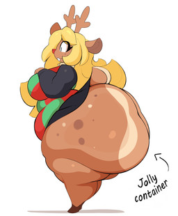 anthro antlers big_breasts big_butt blonde_hair bottom_heavy bottomwear breasts brown_body brown_fur buckteeth butt clothed clothing female fur hair hooves horn huge_butt huge_hips huge_thighs hyper hyper_butt ineffective_clothing no_underwear overweight overweight_female red_nose scut_tail short_tail skirt slightly_chubby smile solo spots spotted_butt sweater tail teeth text thick_thighs topwear wide_hips arizonathevixen deltarune evil_container undertale_(series) noelle_holiday deer mammal new_world_deer reindeer absurd_res english_text hi_res meme