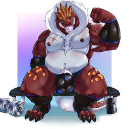 anthro beard facial_hair looking_at_viewer male multicolored_body muscular nipples overweight pubes scar simple_background solo tail tanpa_(artist) nintendo pokemon reggie_(tanpa) fossil_pokemon generation_6_pokemon pokemon_(species) tyrantrum absurd_res hi_res