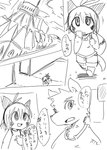 anthro black_and_white bottomwear building canid canine canis clothed clothing comic dialogue doneru duo fur hair holding_bag horn japanese_text jemio_(doneru) looking_at_another looking_up mammal monochrome scalie shirt shorts sketch sketchy text topwear translated wolf young young_anthro