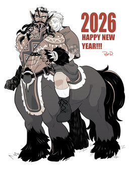 abs arm_hair biceps black_hair body_hair body_tattoo duo eyes_closed facial_hair facial_scar hair male male/male muscular muscular_male pecs scar redjack_036 afk_arena afk_journey european_mythology greek_mythology lilith_games mythology new_year_2026 fan_character zandrok_(afk_journey) centaur equid equid_taur human humanoid_taur mammal mammal_taur taur
