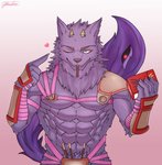 abs anthro armor clothing food fur heart_symbol horn jockstrap male muscular muscular_anthro muscular_male one_eye_closed pecs purple_body purple_fur solo unconvincing_armor underwear wink jonathan_oceans lifewonders pocky pocky_and_pretz_day tokyo_afterschool_summoners bathym_(tas) canid canine canis demon mammal wolf