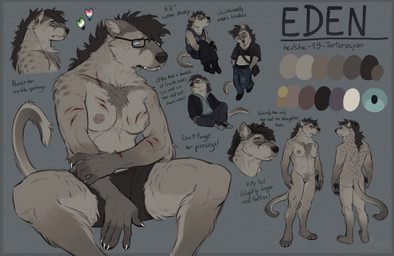 anthro barely_visible_genitalia barely_visible_vulva blood bodily_fluids breast_scar breasts brown_body brown_fur chest_tuft ear_piercing ear_ring eye_bags eyewear female female_anthro fur genitals glasses grey_background multicolored_body multicolored_fur nervous nipple_piercing nipples nude nude_anthro nude_female piercing ring_piercing scar scratches shy simple_background sitting solo tan_body tan_fur text tired tuft vulva wearing_glasses wounded r4wry eden_(r4wry) amphicyonid mammal english_text hi_res model_sheet trans_(lore)