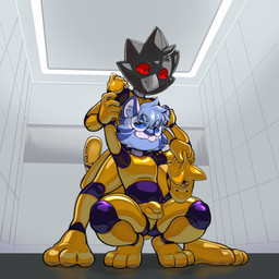 >:3 anthro arm_grab black_body black_feathers blue_body blue_fur blue_sclera bulge caution_symbol clothing crash_test_dummy crouching detailed_bulge duo empty_room eyewear feathers fur genital_outline glasses glistening glistening_bulge glistening_face glistening_latex glistening_thighs holding_mask latex latex_clothing latex_skinsuit looking_up male penis_outline red_sclera skinsuit smile tail tight_clothing yellow_latex owy avian felid feline mammal 1:1 hi_res