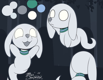 blue_collar collar collar_only color_swatch floppy_ears front_view glowing glowing_eyes green_collar grey_body grey_nose happy male multiple_poses no_pupils nude open_mouth pose raised_arm raised_arms rear_view smile solo white_eyes miso_souperstar roscoe_(miso_souperstar) canid canine canis domestic_dog ghost mammal spirit 2021 digital_media_(artwork) flat_colors hi_res model_sheet