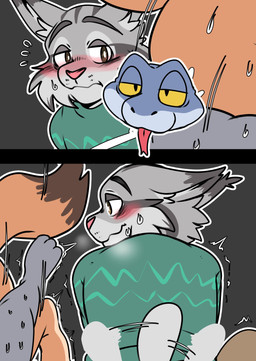 anthro blush bodily_fluids clothing fur grey_body grey_fur implied_cuckold male male/male sex sweat sweatdrop sweater tail tail_motion tailwag topwear saku1saya disney zootopia gary_de'snake nick_wilde pawbert_lynxley canada_lynx canid canine felid feline fox lynx mammal pit_viper red_fox reptile scalie snake true_fox viper absurd_res censored hi_res