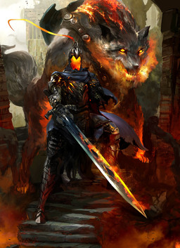 ambiguous_gender armor burning clothed clothing duo feral fire glowing glowing_eyes holding_melee_weapon holding_object holding_sword holding_weapon melee_weapon shield sword weapon kekai_kotaki dark_souls fromsoftware great_grey_wolf_sif knight_artorias canid canine canis human mammal wolf 2018 hi_res