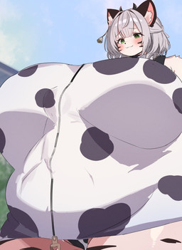 :3 ambiguous_gender anthro bell big_breasts blush breasts clothing cow_print_panties cow_print_shirt day duo ear_bell ear_piercing facial_markings female female_focus glistening glistening_eyes glistening_hair green_eyes grey_hair hair head_markings huge_breasts hyper hyper_breasts inside_clothing larger_female markings outside overweight overweight_anthro overweight_female piercing sharing_clothing short_hair size_difference sky smaller_ambiguous smile solo_focus striped_face striped_legs stripes trapped_in_clothing zipper kakuteki11029 felid mammal pantherine tiger hi_res