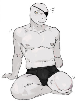 2_missing_limbs amputee anthro barbell_piercing blush blush_lines bulge clothed clothing disability eye_patch eyewear front_view male male_anthro missing_eye missing_hand missing_leg motion_lines navel navel_piercing nervous nipple_piercing nipples piercing scar shy simple_background sitting snout solo underwear underwear_only white_background white_body eumecesemeatttt lizard reptile scalie hi_res