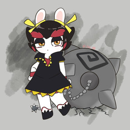 anthro bent_arm black_clothing black_dress black_eyelids black_footwear black_hair black_shoes clothed clothed_anthro clothed_female clothing dress ear_ribbon eyebrows eyelashes female female_anthro flat_chested footwear grey_background hair hand_on_hip hand_on_own_hip light long_ears looking_at_viewer mace melee_weapon mouth_closed multicolored_hair noseless orange_eyes red_clothing red_eyebrows red_hair red_shirt red_topwear red_wristband shirt short_hair simple_background solo standing tan_inner_ear text thick_eyebrows topwear two_tone_hair weapon yellow_ribbon peypey_mei1925 mario_plus_rabbids_sparks_of_hope nintendo raving_rabbids rayman_(series) ubisoft kanya_(mario_plus_rabbids) lagomorph mammal rabbid 1:1 2024 artist_name crossover digital_drawing_(artwork) digital_media_(artwork) full-length_portrait hi_res lighting portrait shaded