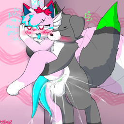 2_penises anal anal_penetration animal_genitalia animal_penis anthro anthro_on_anthro anthro_penetrated anthro_penetrating anthro_penetrating_anthro balls bite blue_penis blue_tongue blush bodily_fluids canine_genitalia canine_penis cum cum_in_ass cum_inside cumshot duo ejaculation fluffy fluffy_tail from_behind_position genital_fluids genitals green_penis grey_body hand_on_chest heart_symbol hemipenes intersex intersex/male intersex_penetrated long_penis male male_penetrating male_penetrating_intersex moan multi_genitalia multi_penis multicolored_body penetration penis pink_body pinned pinned_to_wall raised_leg sex steam sweat tail tapering_penis tongue hikiwi kiwisolar_(hikiwi) aquatic canid canine canis domestic_cat domestic_dog felid feline felis fish hybrid mammal 1:1 digital_drawing_(artwork) digital_media_(artwork) hi_res