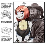 amber_eyes anthro breasts cleavage clothed clothing cowboy cowboy_hat cowboy_outfit duct_tape duo fantasizing female gun hair handgun hat headgear headwear heart_symbol human_on_anthro interspecies kissing kissing_cheek looking_aside male nervous nervous_smile non-mammal_breasts photo ranged_weapon real red_hair revolver shirt smile tank_top tape text topwear weapon mike_jeb real_world dinda_(mike_jeb) human mammal reptile scalie absurd_res english_text hi_res meme mixed_media