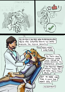 animal_hrt annoyed anthro blush clothing dentist dentist_chair dialogue doctor doctor's_office female gloves group gums handwear male presenting question_mark sitting smile teeth text tongue trio waiting_room vanillayote rain_(vanillayote) canid canine canis coyote human mammal 2025 comic english_text hi_res trans_(lore) trans_woman_(lore)
