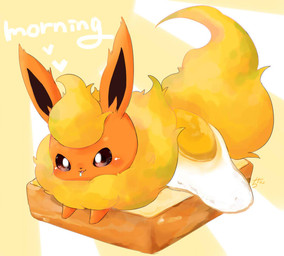 ambiguous_gender blonde_hair blush bodily_fluids bread chibi drooling feral fluffy fluffy_tail food fried_egg hair humor inner_ear_fluff long_ears lying neck_tuft open_mouth open_smile saliva smile solo tail text toast tuft chitan4615 nintendo pokemon eeveelution flareon generation_1_pokemon pokemon_(species) signature