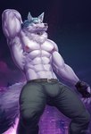 anthro belt blue_body blue_fur bottomwear clothed clothing collar fingerless_gloves fur gloves handwear looking_at_viewer male muscular muscular_anthro muscular_male night nipples pants pecs solo tail topless topless_anthro topless_male white_body white_fur amon-sydonai brand_new_animal studio_trigger shirou_ogami canid canine canis mammal wolf 2023 absurd_res hi_res