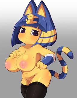 anthro areola armor bangs big_breasts biped black_clothing black_legwear black_thigh_highs blue_hair blunt_bangs blush bob_cut bodily_fluids bracelet breasts claws clothing female frown fur grey_background hair hand_on_breast hand_on_hip inverted_nipples jewelry legwear looking_at_viewer markings navel nipples nude purple_eyes simple_background solo striped_markings striped_tail stripes sweat tail tail_markings thigh_highs three-quarter_view uraeus vambrace yellow_body yellow_fur yellow_inner_ear himimi animal_crossing nintendo ankha_(animal_crossing) domestic_cat felid feline felis mammal hi_res portrait three-quarter_portrait