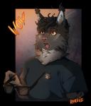 anthro black_hair clothed clothing eyewear fur glasses grey_body grey_fur hair male orange_eyes solo ravoilie krymson felid feline lynx mammal 2019 alpha_channel digital_media_(artwork)