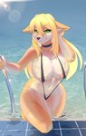 anthro areola areola_slip big_breasts bikini blonde_hair breasts clothed clothing female hair huge_breasts nipple_outline one-piece_swimsuit skimpy sling_bikini solo swimwear two-piece_swimsuit wet wet_body white-stripes canid canine canis mammal wolf cassie_(disambiguation)