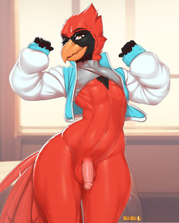 anthro balls beak bottomless clothed clothing feathers femboy flaccid foreskin genitals humanoid_genitalia humanoid_penis jacket looking_at_viewer male mostly_nude narrowed_eyes penis pink_penis red_body red_feathers smile solo tail tail_feathers topwear yellow_eyes bell-bell_(artist) nikki_(cortanaslover) avian bird cardinal_(bird) oscine passerine digital_media_(artwork) hi_res