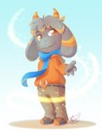 anthro blue_scarf bottomwear chibi clothing floppy_ears footwear fur grey_body grey_fur hair hoodie horn khaki_pants male orange_clothing orange_eyes orange_hoodie orange_horn orange_stripes orange_topwear scarf shoes simple_background solo standing stripes topwear lugidog gusta_(gusta) bovid caprine goat mammal