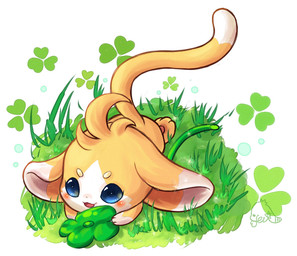 ambiguous_gender anthro blue_eyes blush claws clover_(plant) clover_leaf four_leaf_clover fur grass leaf pawpads paws plant simple_background solo tail yellow_body yellow_fur roco_kingdom unknown_species colored digital_drawing_(artwork) digital_media_(artwork)