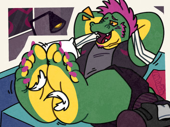 5_toes anthro cartoon_freckles claws clothed clothed_anthro clothing feet foot_fetish foot_focus freckled_face freckles green_body green_scales hair hands_behind_back laugh loose_feather motion_lines multicolored_body multicolored_scales one_eye_closed open_mouth open_smile orange_sclera purple_hair scale_freckles scales shoes_removed smile solo teeth tickle_fetish tickling tickling_feet toe_claws toes two_tone_body two_tone_scales white_loose_feather yellow_body yellow_scales patugh reptile scalie 4:3 hi_res