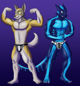 5_fingers 5_toes abs anthro bulge clothing duo feet fingers flexing green_eyes male male/male muscular muscular_male pecs sharp_teeth smile speedo swimwear teeth toes flameydragonwasp marvel mythology anti_venom_(marvel) venom_(marvel) canid canine canis dragon mammal mythological_creature mythological_scalie scalie wolf hi_res