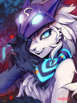 anthro bedroom_eyes black_body black_fur blue_eyes blue_markings cute_fangs ear_markings eyelashes fangs female female_anthro fingers floppy_ears fur glowing glowing_markings grin grinning_at_viewer humanoid_hands iris looking_at_viewer lop_ears markings mask mask_lift multicolored_body multicolored_fur narrowed_eyes pupils purple_mask seductive small_pupils smile smiling_at_viewer snaggle_tooth solo teeth white_body white_fur white_sclera denucard league_of_legends riot_games tencent kindred_(lol) lamb_(lol) bovid caprine mammal sheep 3:4 bust_portrait portrait