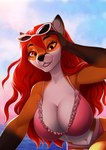 anthro big_breasts bikini breasts cleavage clothed clothing eyebrows eyelashes female hair looking_at_viewer orange_eyes red_hair smile solo swimwear two-piece_swimsuit taurusart aeril_(helios) canid canine fox mammal red_fox true_fox 2021 digital_media_(artwork) hi_res