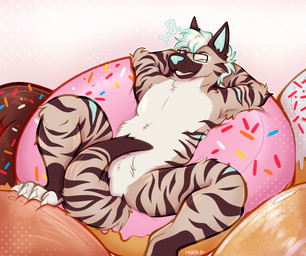anthro candy chocolate chocolate_doughnut dessert doughnut food fur hands_behind_head leaning leaning_backward male micro one_eye_closed pastry pink_frosted_sprinkled_doughnut simple_background sitting sitting_on_food smile solo tail wink makar-ro hyena mammal absurd_res hi_res