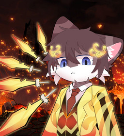 brown_body brown_fur brown_hair fire fur hair male male/male purple_eyes solo f_macon lobotomy_corporation project_moon felid feline humanoid mammal hi_res