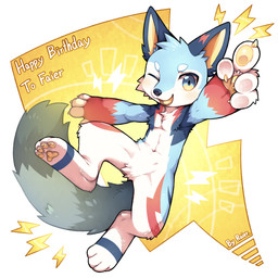 abs anthro blue_body blue_fur blush blush_lines chest_tuft claws crotch_tuft electricity_symbol fluffy fluffy_tail fur gesture grey_body grey_fur hand_gesture happy happy_birthday jumping lightning_bolt_marking looking_at_viewer male male_anthro multicolored_body multicolored_fur navel one_eye_closed open_mouth open_smile pawpads paws pointing pose red_body red_fur sharp_teeth smile solo tail teeth tuft white_body white_fur wink winking_at_viewer yellow_pawpads unrealplace canid canine mammal therianthrope 1:1 2025 absurd_res hi_res