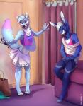 anthro blue_body blue_fur bottomwear changing_booth claws clothed clothing crossdressing digitigrade duo ear_piercing femboy fur legwear male piercing skirt stockings tazara goji_(flitchee) loike canid canine fox lagomorph leporid mammal rabbit hi_res