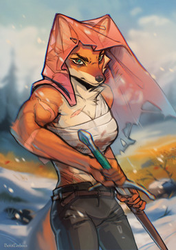 5_fingers action_pose alternate_costume anthro anthrofied arm_scar biped black_nose blood blood_stain blurred_background bodily_fluids bottomwear breasts chest_scar chest_tuft chest_wraps clothed clothed_anthro clothed_female clothing countershade_face countershade_fur countershade_torso countershading drawing_sword eyebrows female female_anthro fingers front_view frown fully_clothed fully_clothed_anthro fully_clothed_female fur green_eyes headdress holding_melee_weapon holding_object holding_sword holding_weapon humanoid_hands looking_at_viewer melee_weapon midriff motion_blur muscular muscular_anthro muscular_arms muscular_female orange_body orange_fur outside pants philtrum pose redesign scar snout snow solo standing sword tan_body tan_countershading tan_fur text translucent_headdress tuft weapon wimple wraps cerbera disney robin_hood_(disney) maid_marian canid canine fox mammal red_fox true_fox artist_name digital_media_(artwork) hi_res watermark