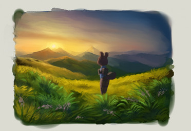 ambiguous_gender anthro bottomless brown_body brown_fur clothed clothing detailed_background flower fur grass mountain outside plant sky solo sun sunset reign-2004 unknown_species 2018 digital_media_(artwork) digital_painting_(artwork) painting_(artwork)