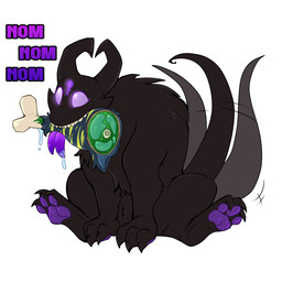 backpack black_body black_fur bodily_fluids drooling eating feet food fur keyhole meat pawpads paws purple_eyes purple_tongue saliva simple_background sitting smile solo tail tail_motion tailwag teeth text toes tongue tongue_out white_background phuufy uberquest alien mammal mimic monster 1:1 colored digital_media_(artwork)