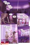 2019 alcohol anthro bar bartender beverage bottomwear bovid breasts brown_hair canid canine canis caprine cleaning_tool clothed clothing comic detailed_background dialogue domestic_dog drunk english_text female friend fur goat greg_(proxer) group hair hiccuping horn human kobold legwear male mammal nipple_tape pasties pole proxer smile speech_bubble strip_club stripper_pole substance_intoxication tape text topwear vacuum_cleaner