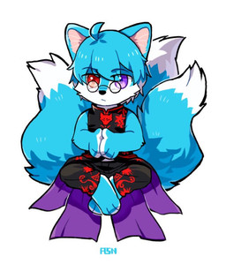 anthro arm_tuft black_clothing black_nose black_topwear blue_body blue_ears blue_fur blue_hair blue_tail bottomwear cheek_tuft chibi clothed clothing countershading dipstick_tail elbow_tuft eye_through_hair eyebrow_through_hair eyebrows eyewear facial_tuft front_view fur glasses glistening glistening_eyes hair heterochromia male markings mouth_closed pants pattern_bottomwear pattern_clothing pattern_pants pattern_topwear purple_eyes red_eyes round_glasses short_hair simple_background solo tail tail_markings topwear translucent translucent_hair tuft white_background white_body white_fur white_tail asnnonaka canid mammal full-length_portrait portrait signature